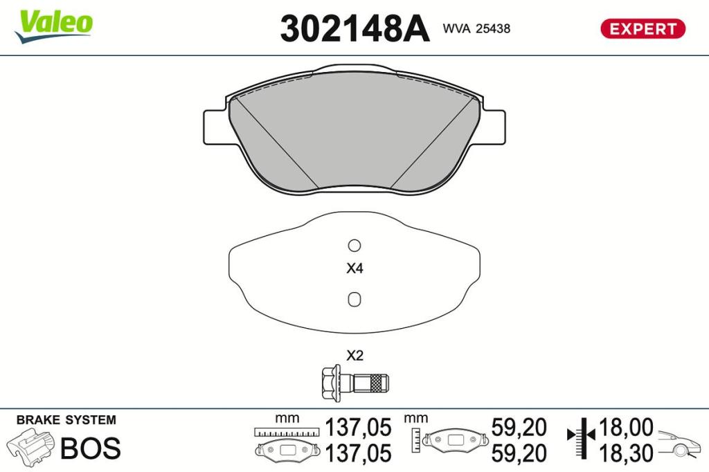Jeu de 4 plaquettes de frein VALEO ref. 302148A